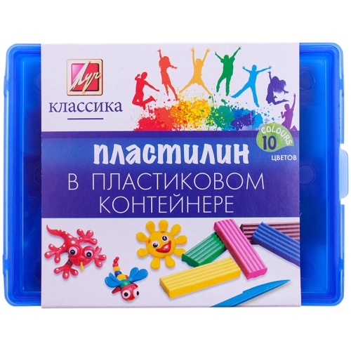 Пластилин 10цв/200г Луч Классика 20с1345-08, со стеком, пластиковый контейнер "Дава"