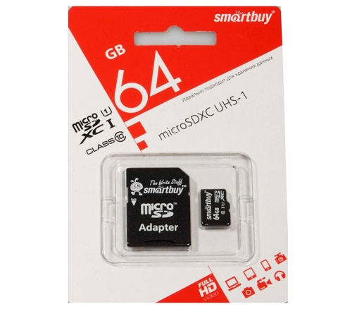 Карта памяти Smart Buy micro SDXC Class10 64Gb (+адаптер SD), скорость чтения 60Мб/сек "Дава"