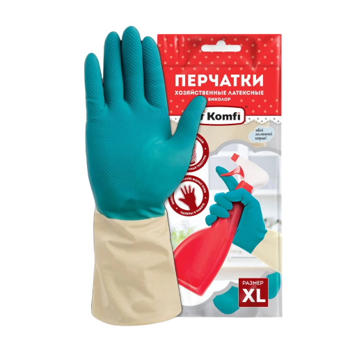 Перчатки хозяйственные латексные Komfi Биколор, BICOLO8, XL, бежевый+бирюзовый ЧЗ "Дава"