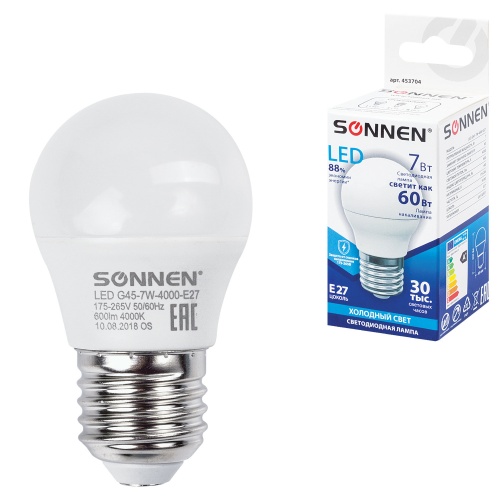 Лампа светодиодная Sonnen 7(60)Вт, цоколь E27, холодный белый свет, LED G45-7w-4000-E27 453704 "Дава"