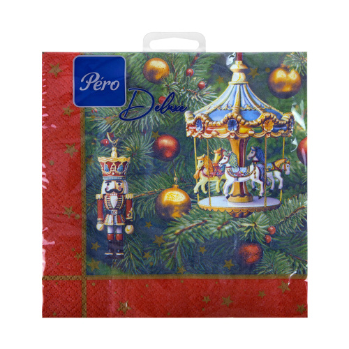 Салфетки бумажные 33*33*20шт GrandPero Delux Новогодняя карусель 3-х слойная "Дава"