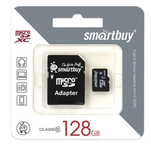 Карта памяти microSDXC 128GB SMARTBUY, UHS-1 U1, 80 Мб/сек (class 10), с адаптером, SB128GBSDCL10-01 "Дава"